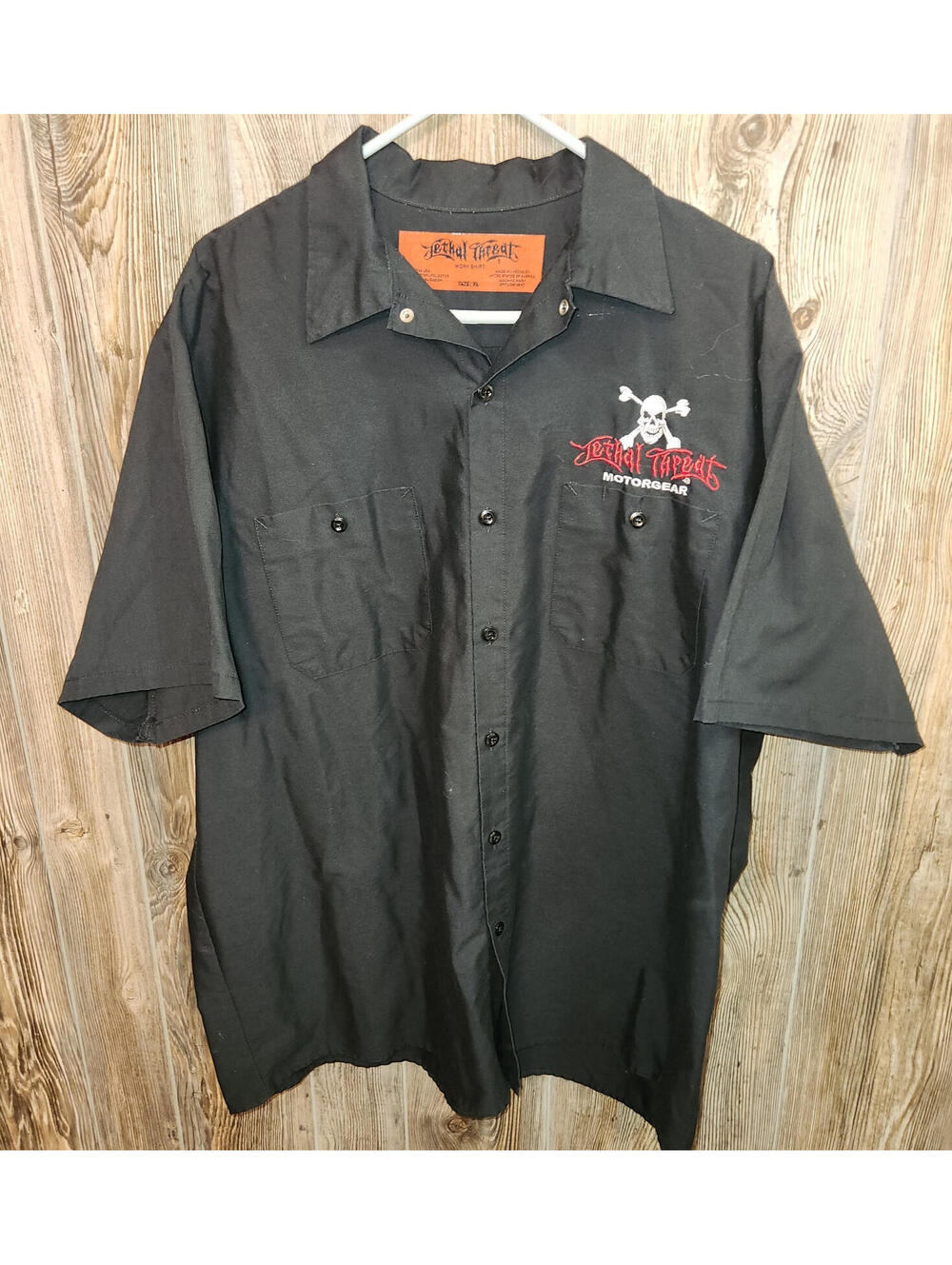 Lethal Threat Mechanic Button Shirt Sz XL Biker Motorcycle Black Skull Embroider